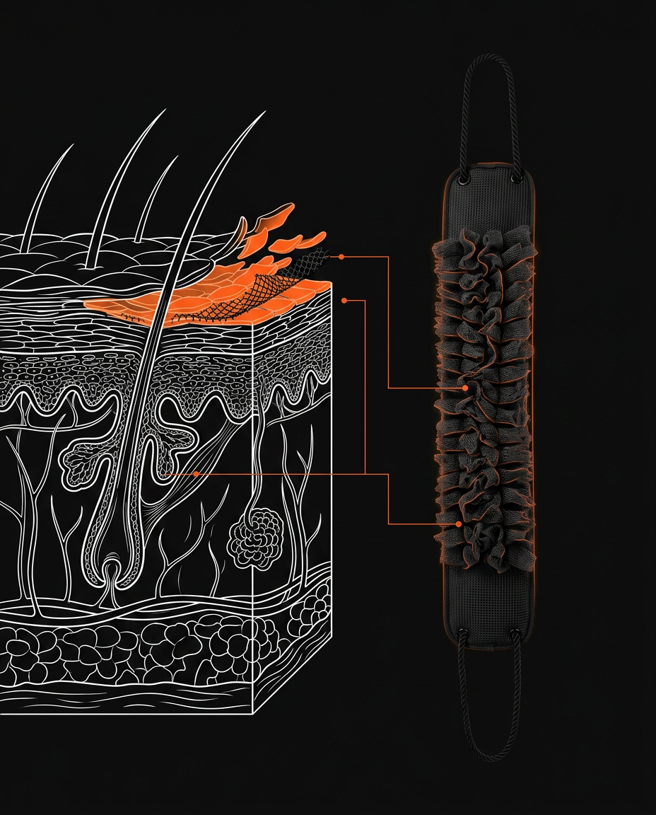 Skin-science diagram of the scrubber bristles lifting dead skin cells