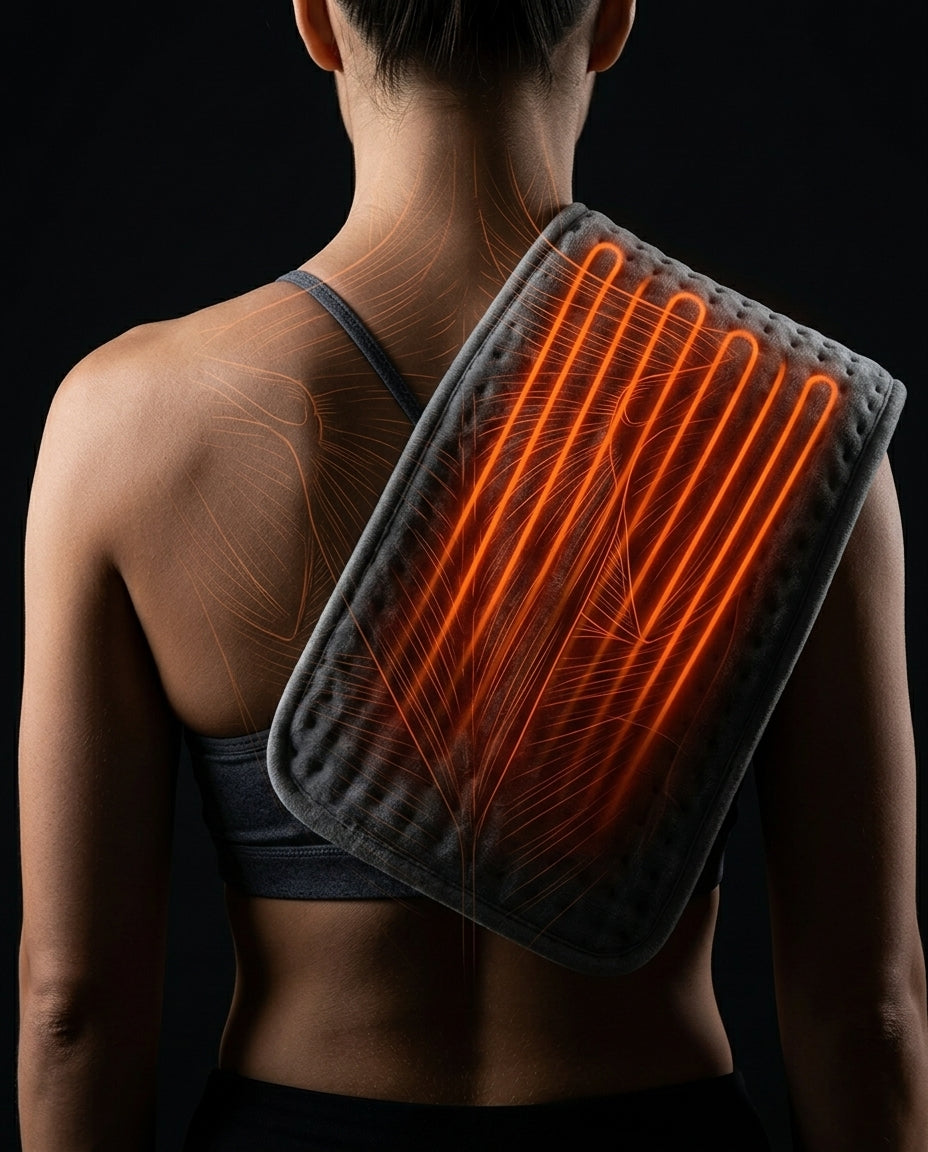 Woman's back with the heating pad delivering targeted warmth to upper muscles