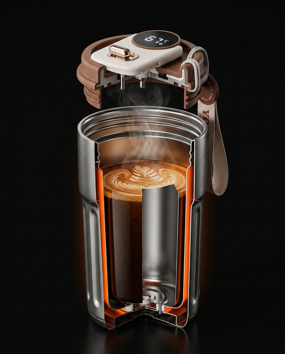 Cross-section showing hot coffee inside the double-wall thermal mug