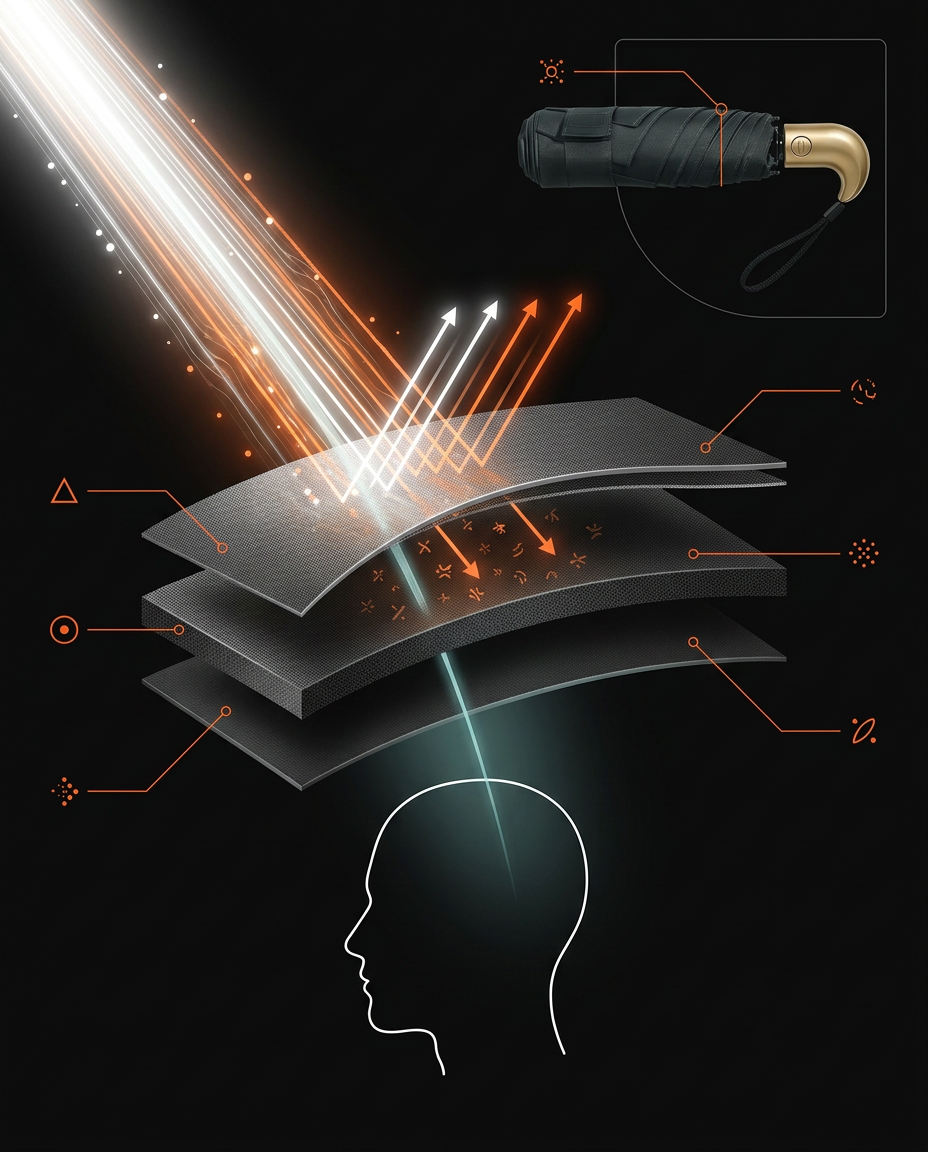 Diagram of UV rays blocked by the umbrella's layered UPF coating