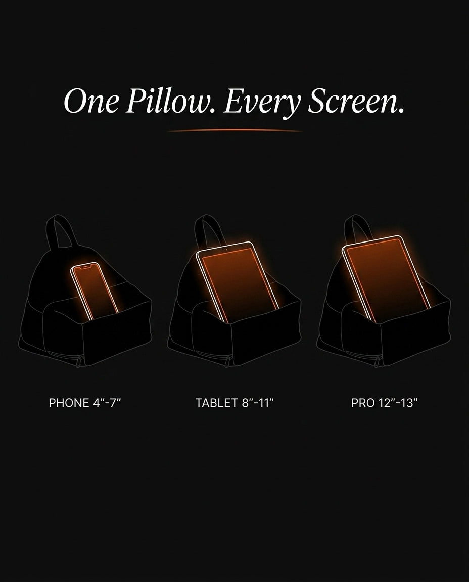 Size guide showing the pillow holding a phone, tablet and 13-inch screen