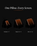 Size guide showing the pillow holding a phone, tablet and 13-inch screen