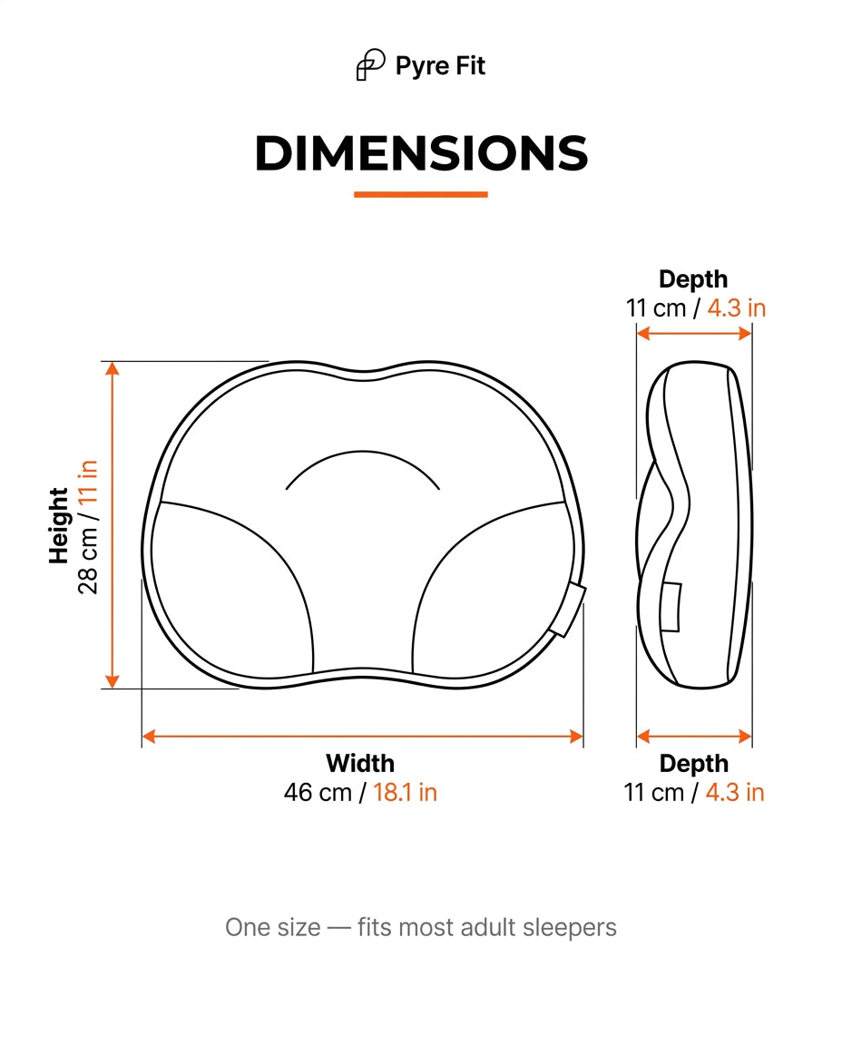 Pillow dimensions guide: 46cm wide, 28cm high, 11cm deep, fits most adult sleepers