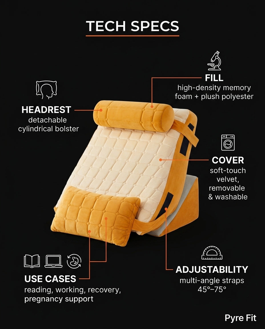 Tech specs infographic detailing fill, cover, headrest and adjustability
