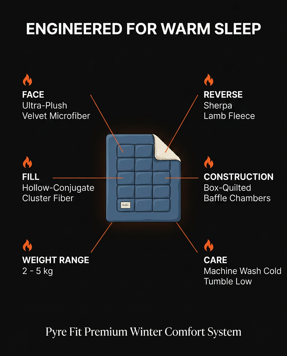 Tech specs infographic of the winter comforter materials, fill and care