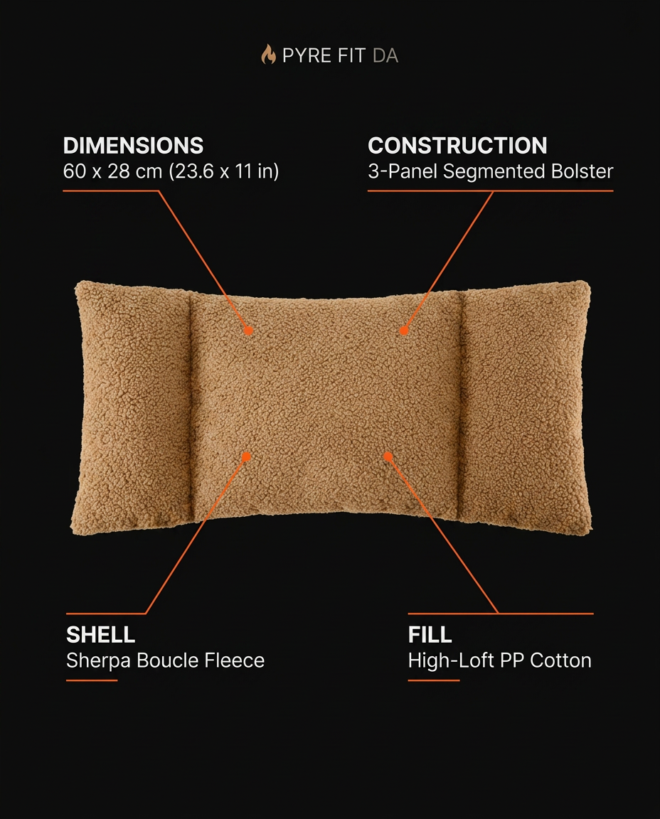 Specs diagram of the sherpa lumbar pillow shell, fill and dimensions