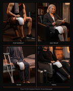 Four lifestyle scenes using the knee massager for workout, rehab and travel