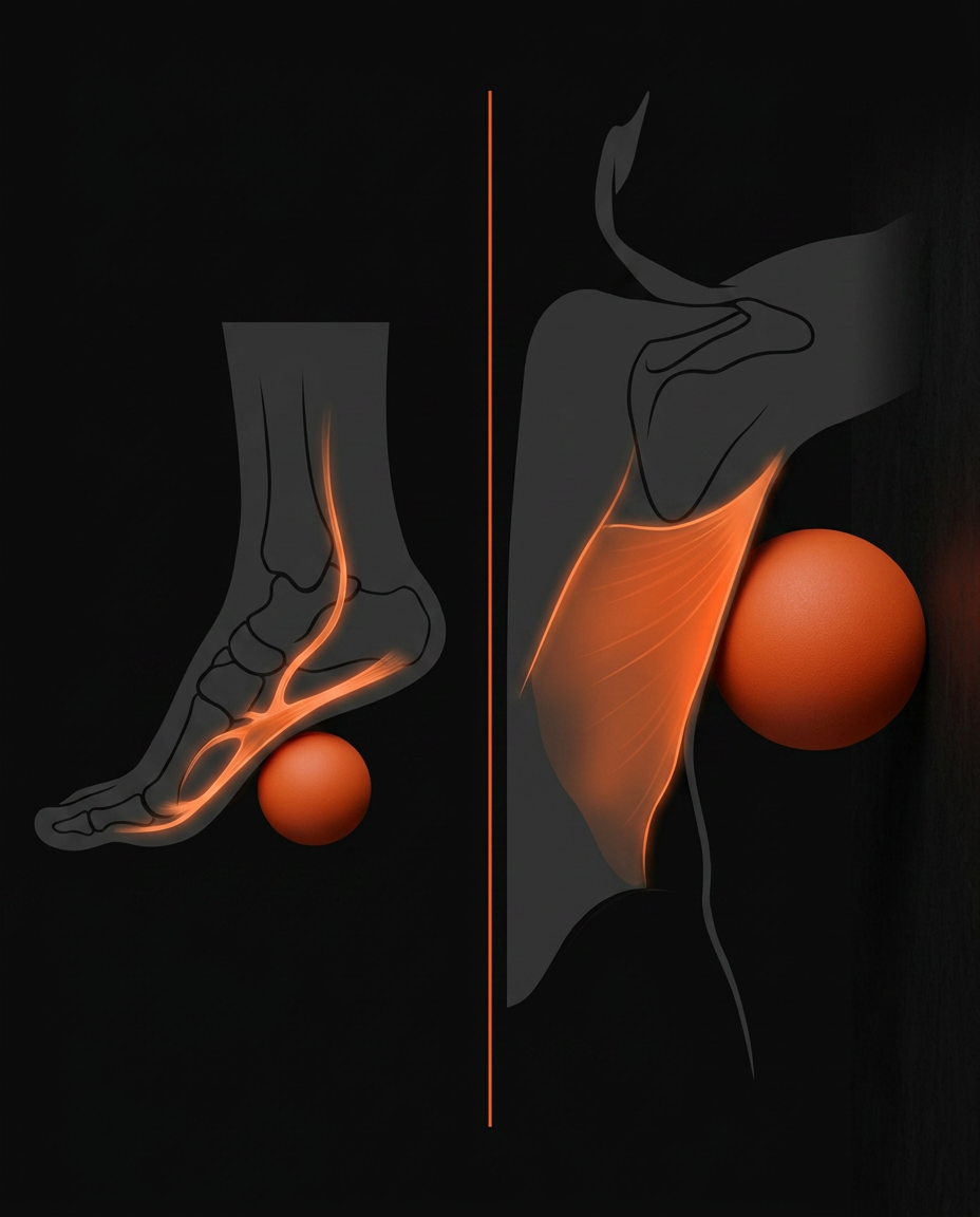 Diagram of small ball under foot and large ball under calf for release