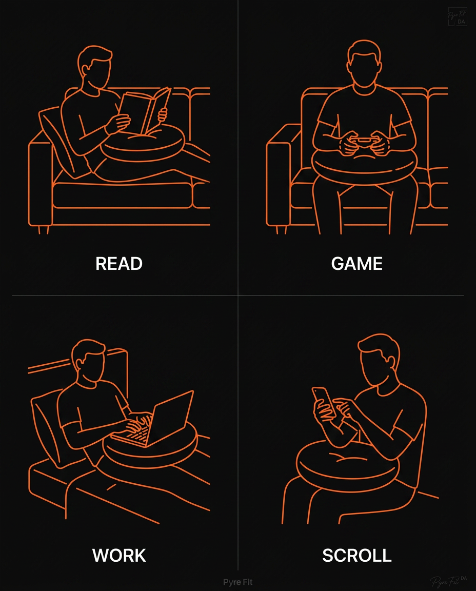 Line-icon grid showing the lap pillow used to read, game, work and scroll