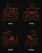 Line-icon grid showing the lap pillow used to read, game, work and scroll