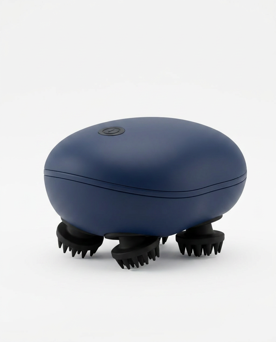 Navy blue electric scalp massager with black silicone claws on white
