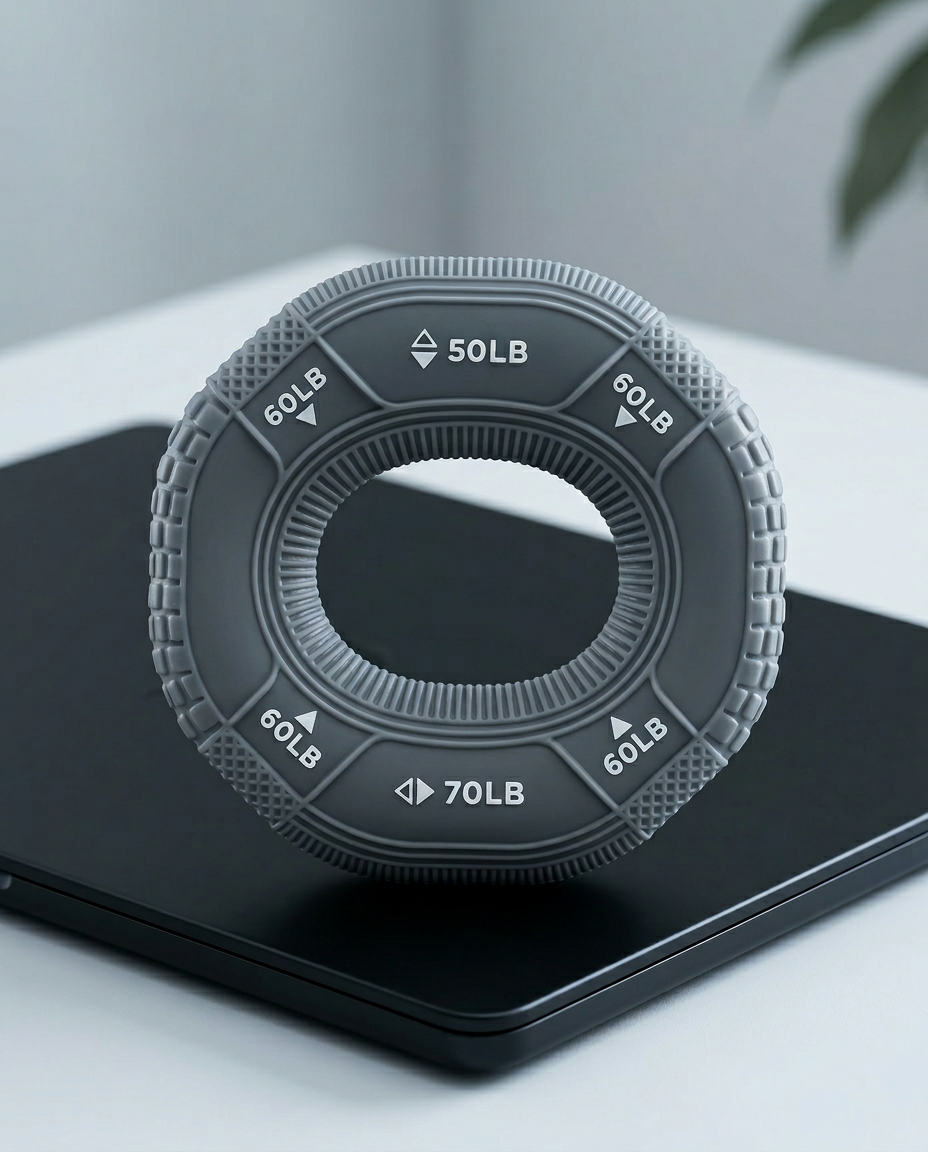 Dark gray grip strengthener ring standing upright on a black tray