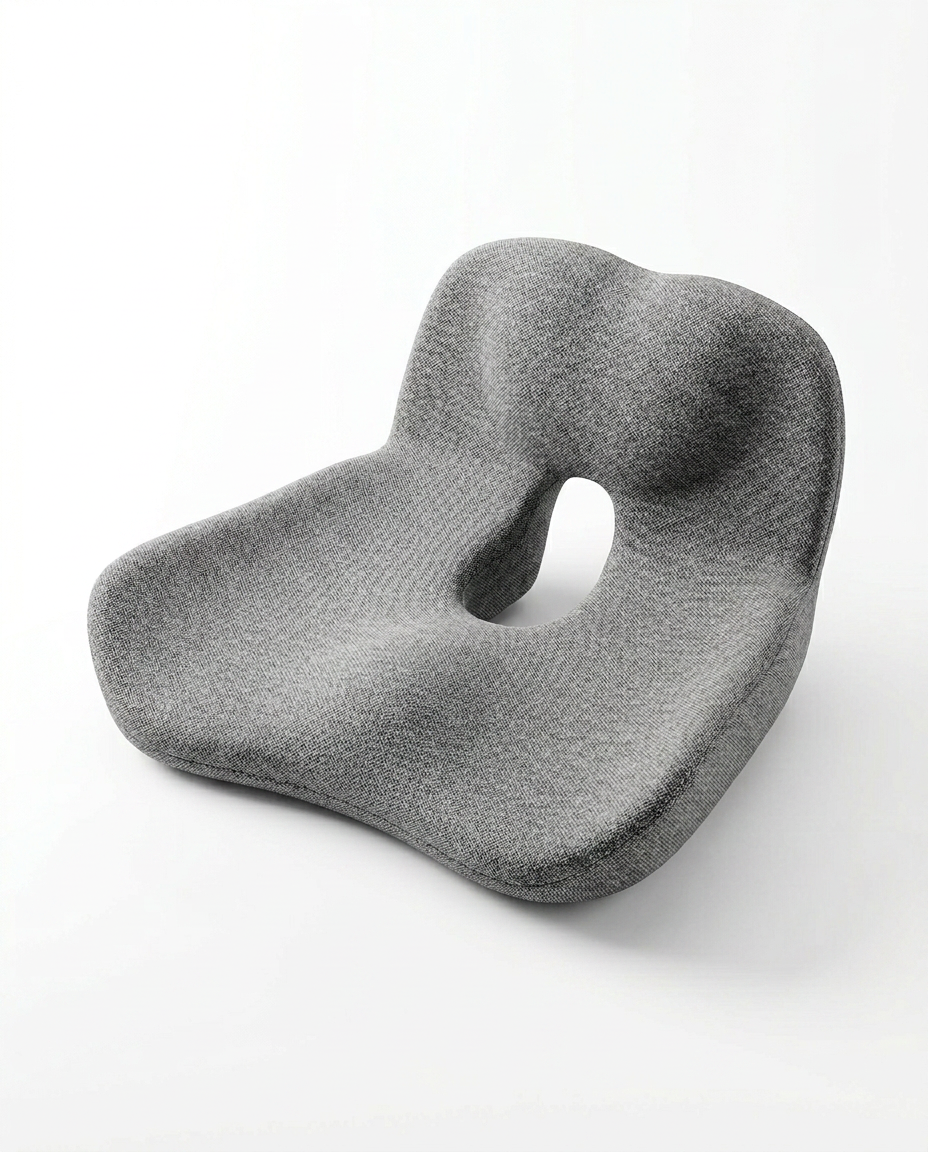 Gray contoured memory foam seat cushion, three-quarter studio view on white