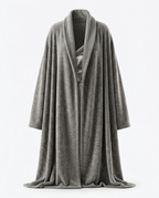Grey sleeved wearable blanket with shawl collar on a stand
