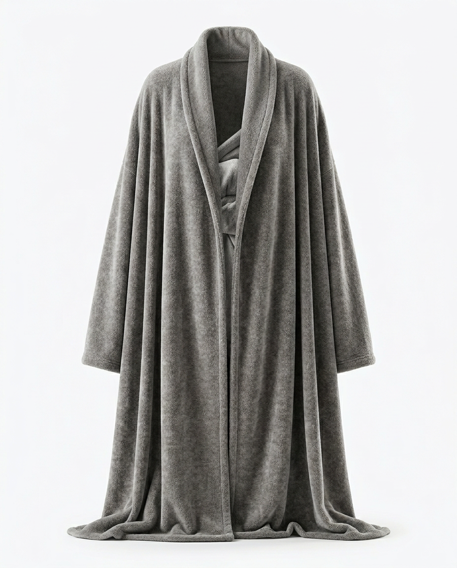 Grey sleeved wearable blanket with shawl collar on a stand