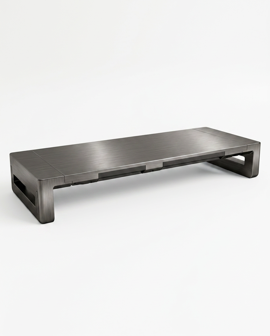 Brushed iron-finish metal monitor riser, angled studio shot on white