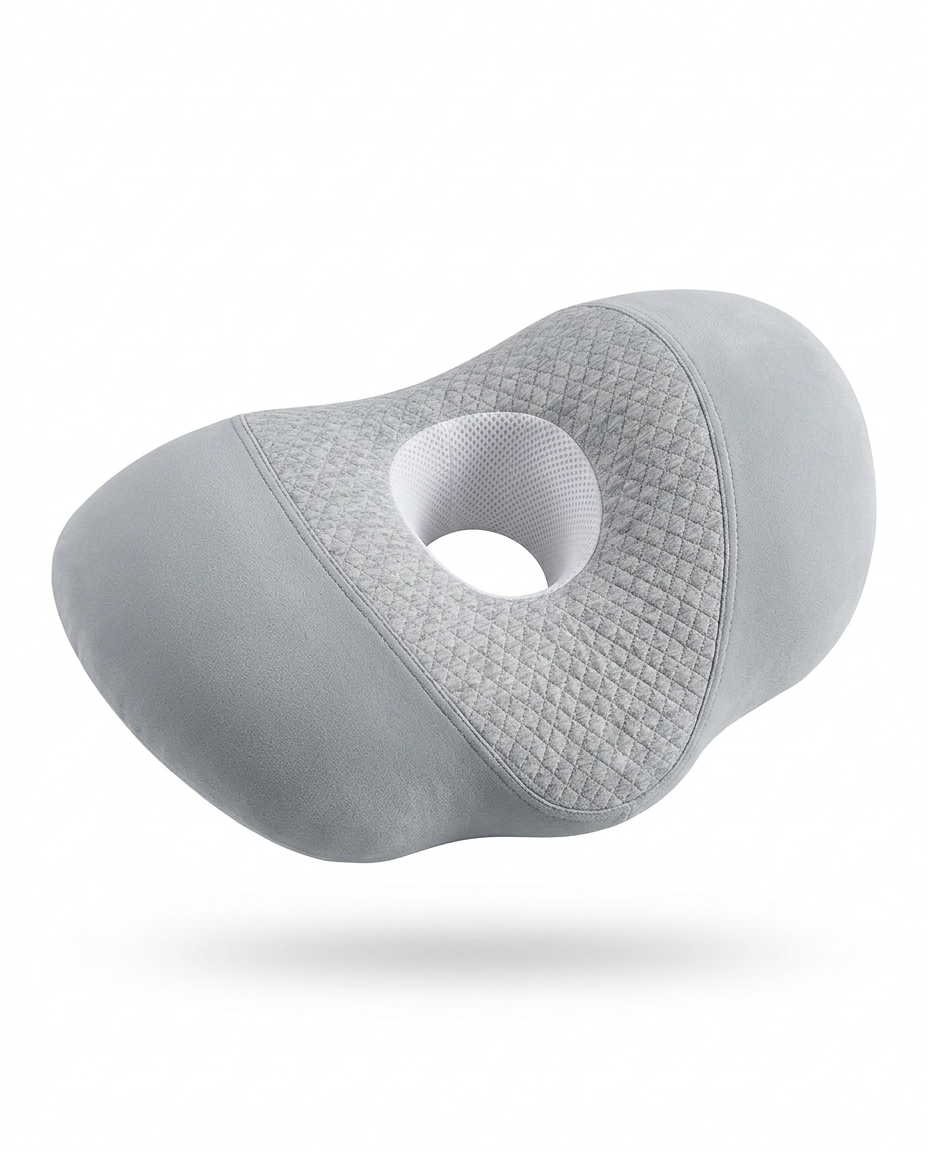 Light grey memory foam ear relief side sleeper pillow, studio shot on white