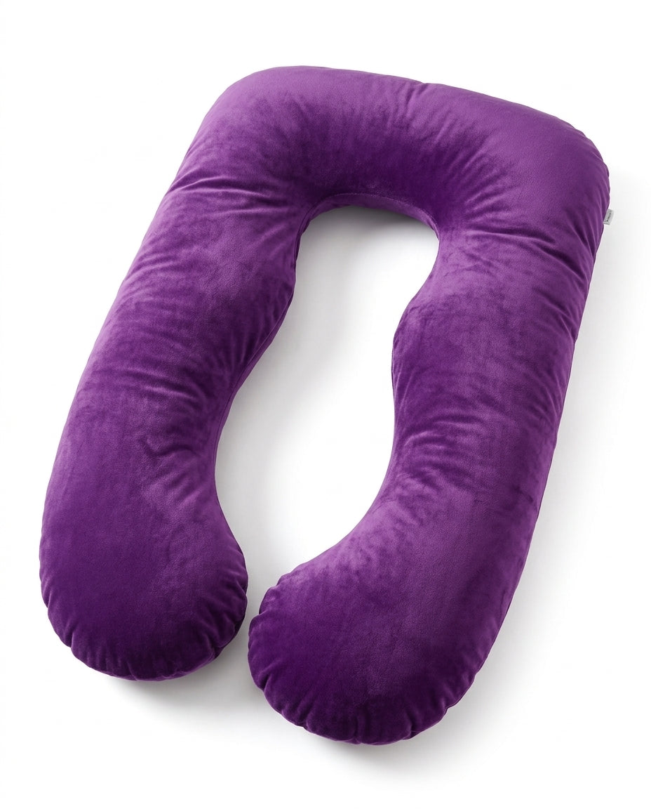 Purple U-shaped full body support pillow on white background