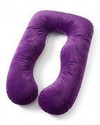 Purple U-shaped full body support pillow on white background