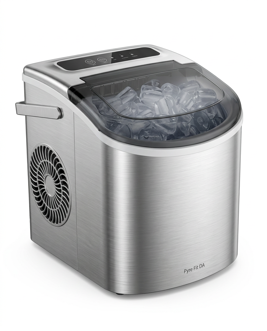 Stainless steel countertop ice maker filled with bullet ice on white
