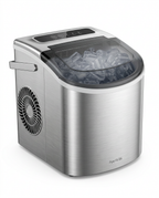 Stainless steel countertop ice maker filled with bullet ice on white
