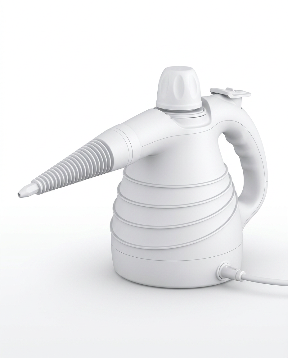 All-white handheld steam cleaner on a white background, side view
