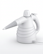 All-white handheld steam cleaner on a white background, side view
