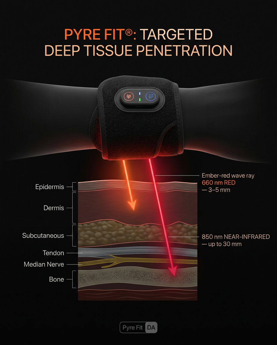 Diagram showing red and infrared light penetrating wrist tissue layers