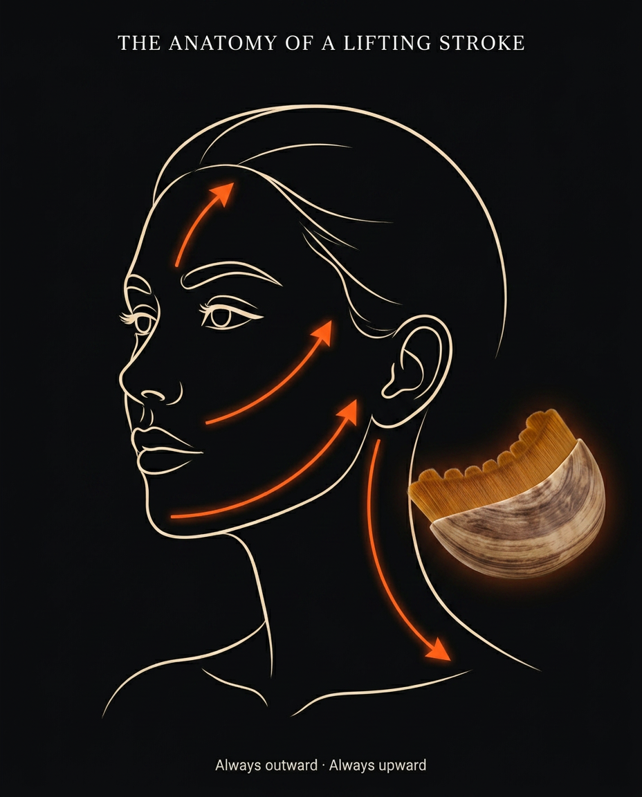 Diagram of upward and outward lifting strokes for facial comb massage