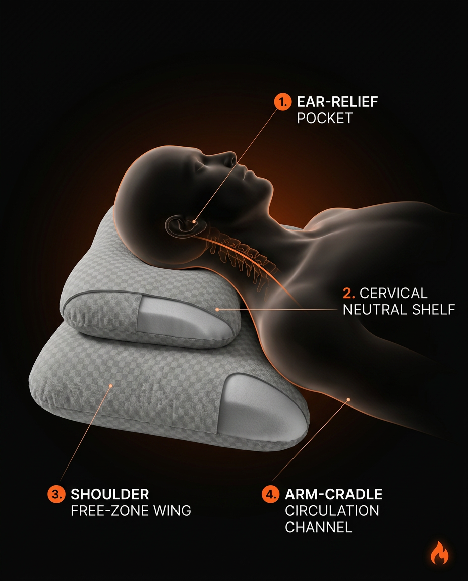Anatomy diagram showing the pillow supporting a side sleeper's ear, neck and arm