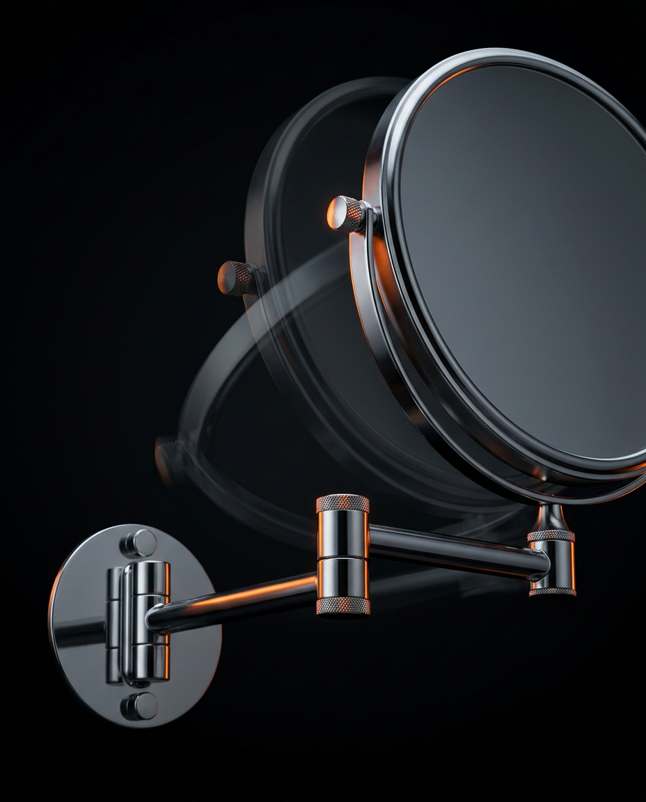Dramatic dark studio render of the chrome vanity mirror with backlit articulating arm