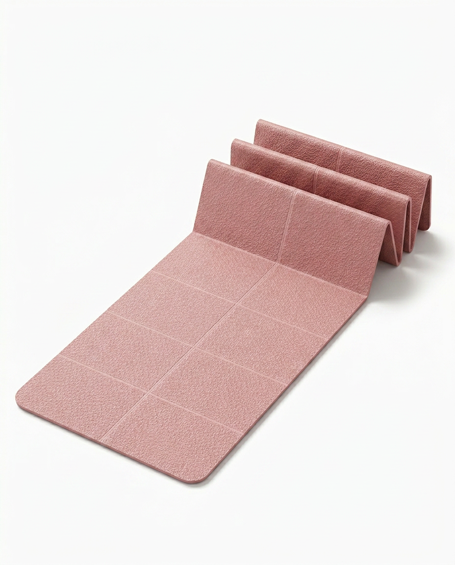 Dusty pink foldable yoga mat partly unfolded in accordion panels