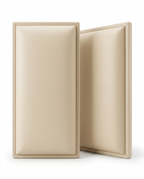 Two beige upholstered wall panels standing on a white background
