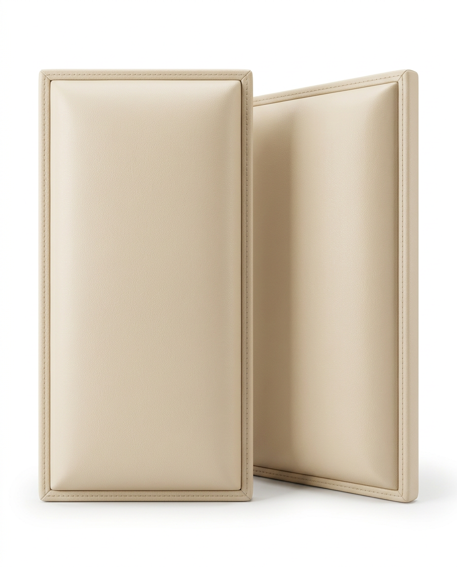 Two beige upholstered wall panels standing on a white background