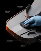 Hygiene diagram showing a gloved hand wiping the wipeable ABS foot station shell