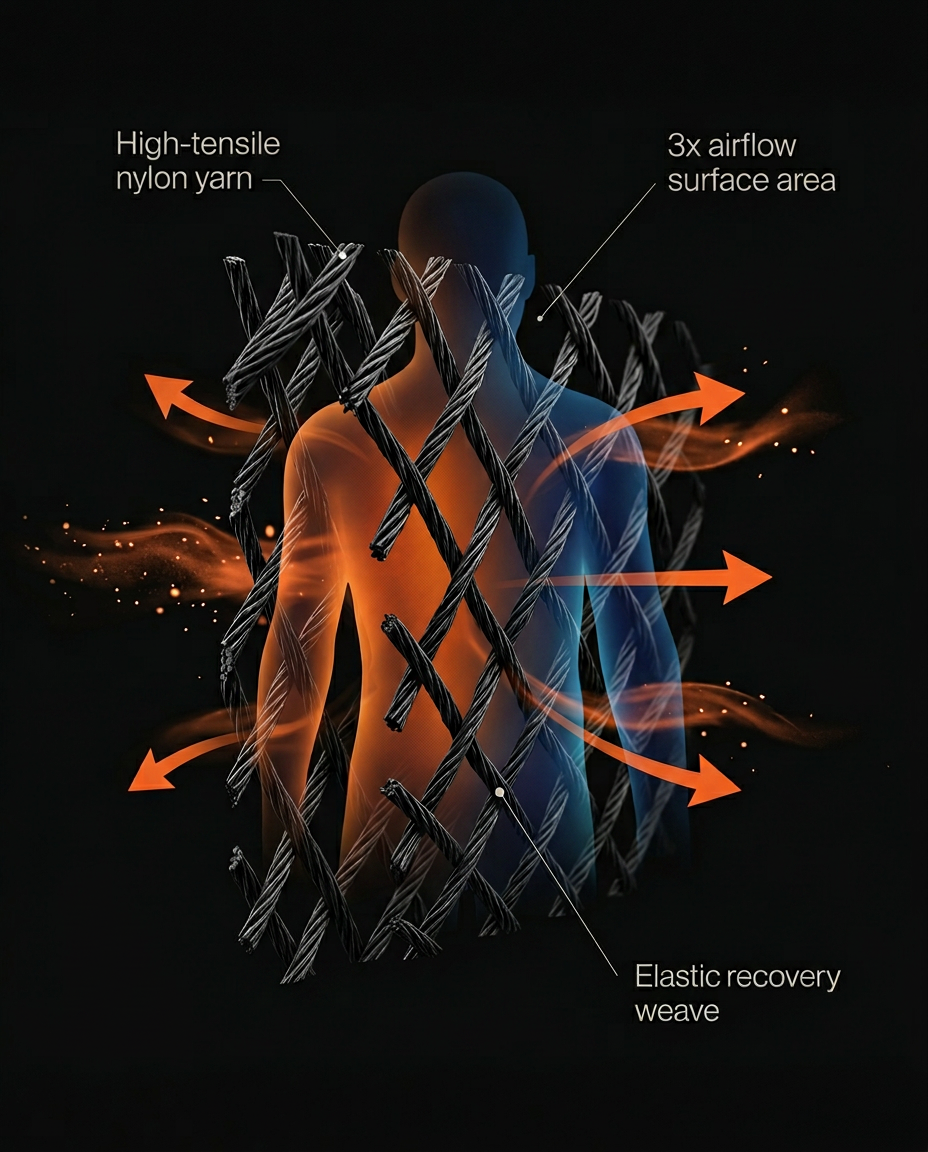 Diagram of the chair's high-tensile nylon mesh weave and airflow recovery
