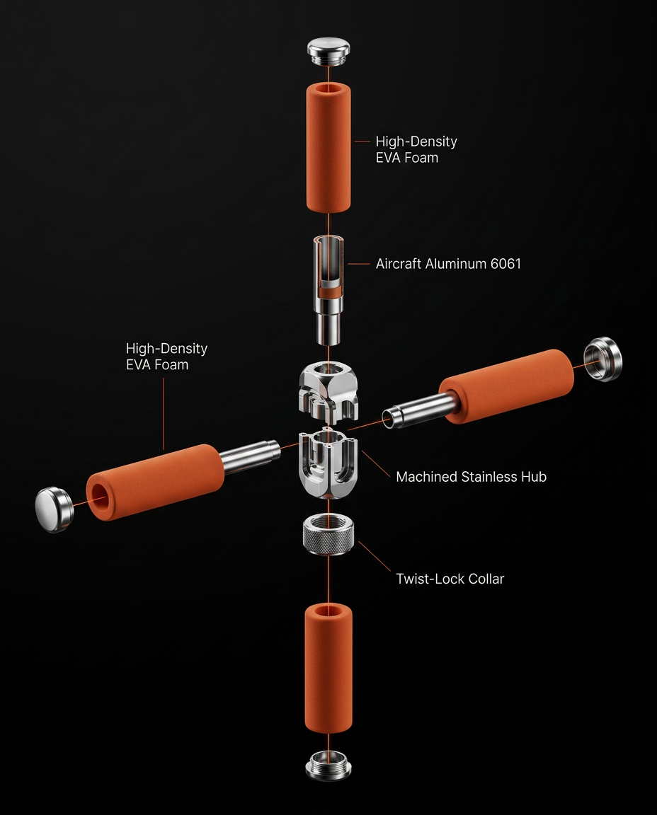 Exploded diagram of the posture stick's foam, aluminum and twist-lock parts