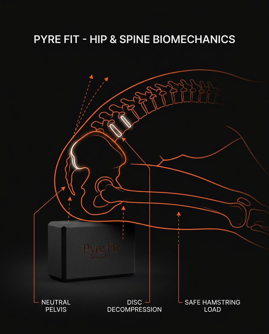 Biomechanics diagram showing the yoga block supporting neutral pelvis and spine