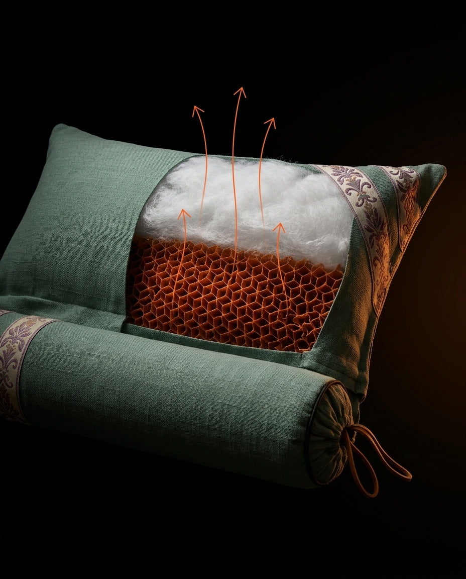 Cutaway of the pillow showing breathable fiber fill over honeycomb lattice with airflow arrows