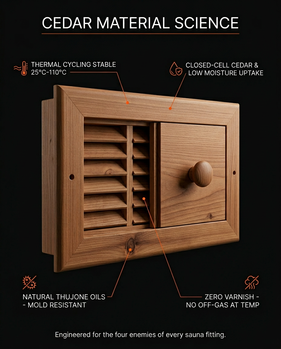 Cedar material science callouts on the heat-stable sauna vent