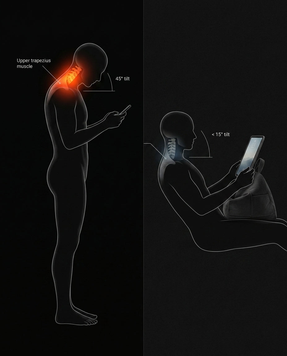 Cervical posture diagram comparing neck tilt strain to using the tablet pillow
