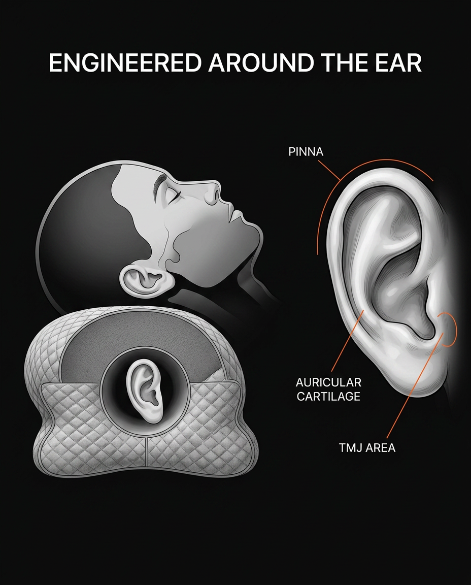 Diagram showing how the cavity cradles the ear, pinna, cartilage and TMJ area