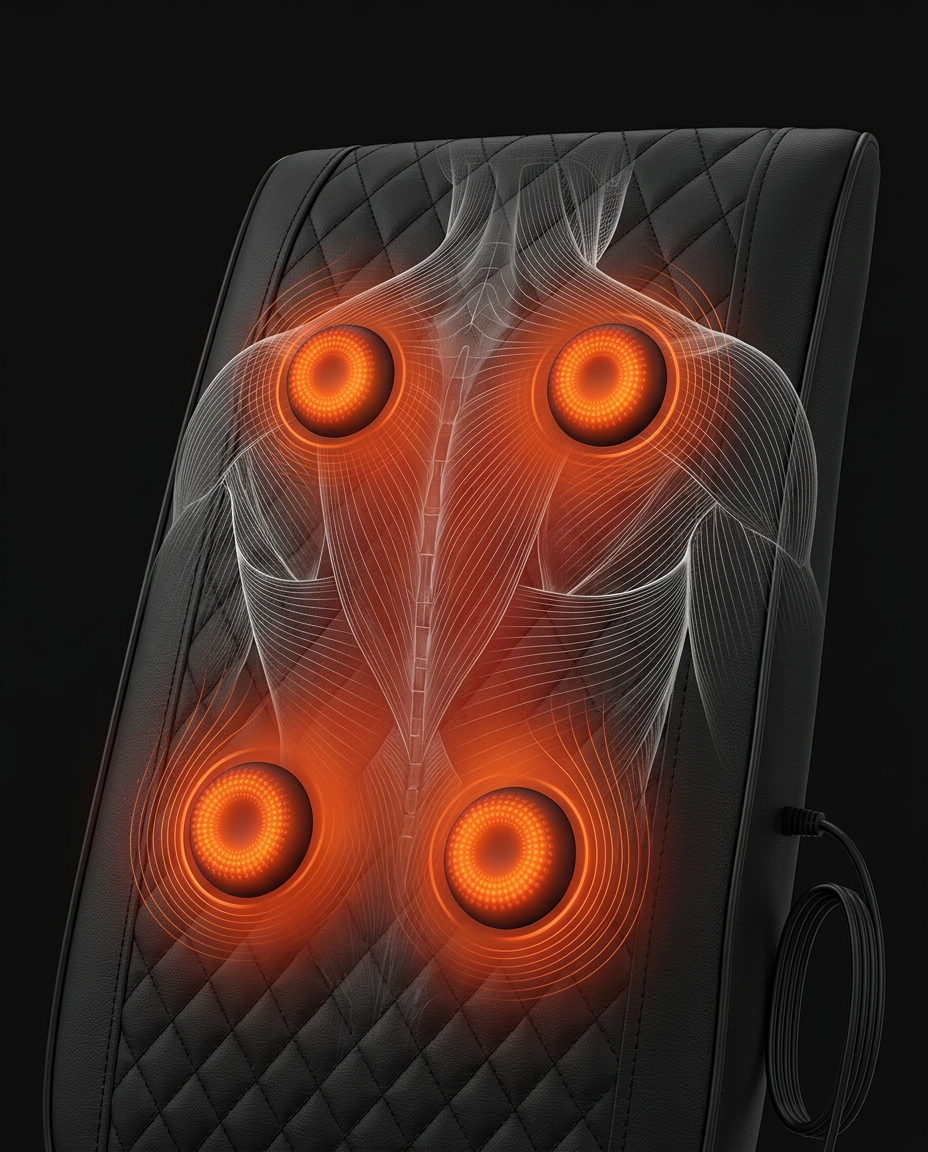 Diagram of glowing heated nodes boosting comfort across the massage cushion