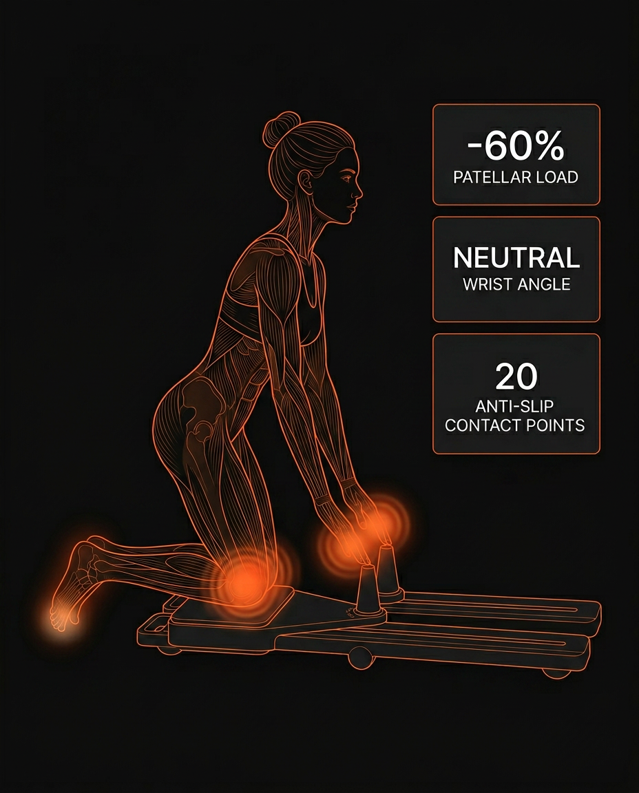 Diagram showing reduced patellar load and neutral wrist angle on the board
