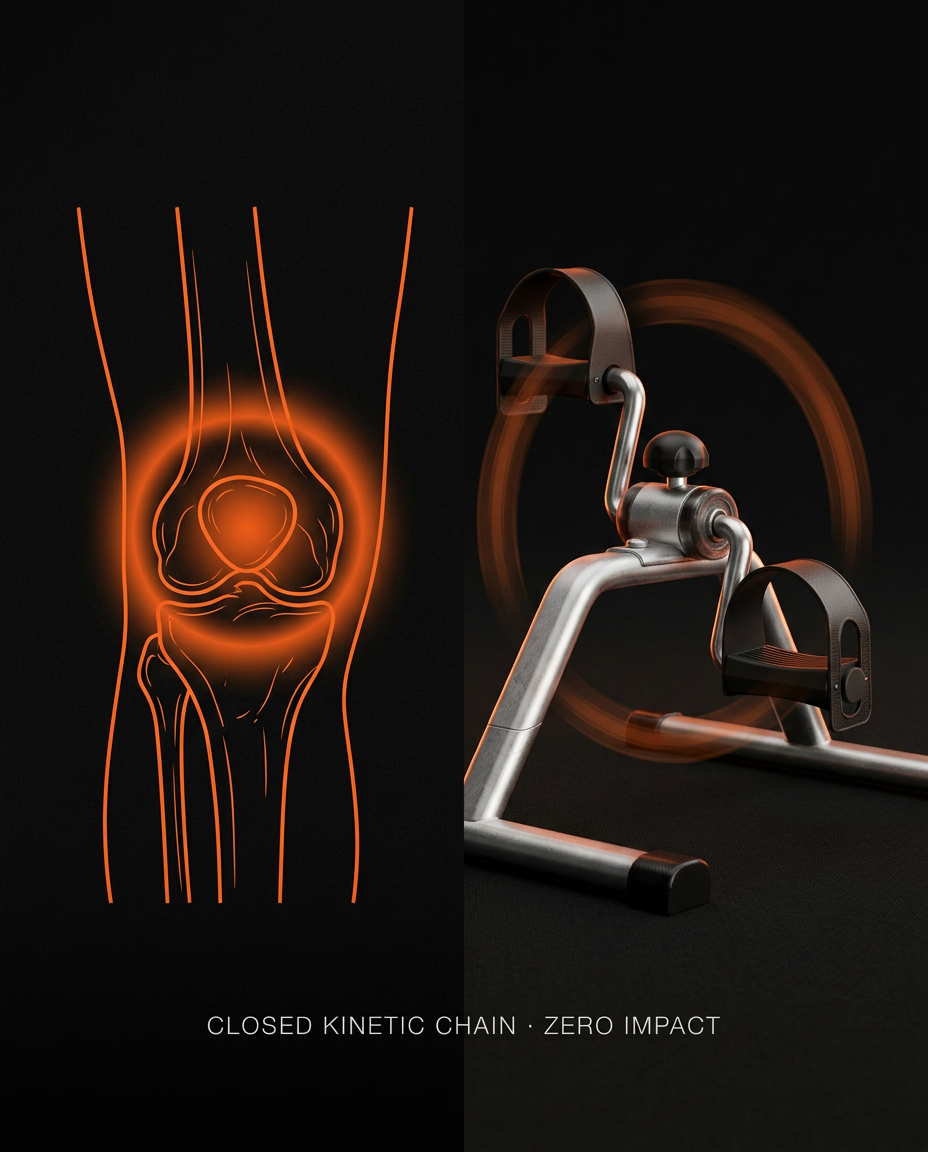 Diagram pairing a healthy knee joint with the low-impact pedal bike