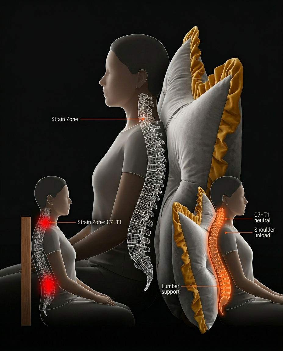 Spine diagram comparing sitting up without and with the backrest cushion support