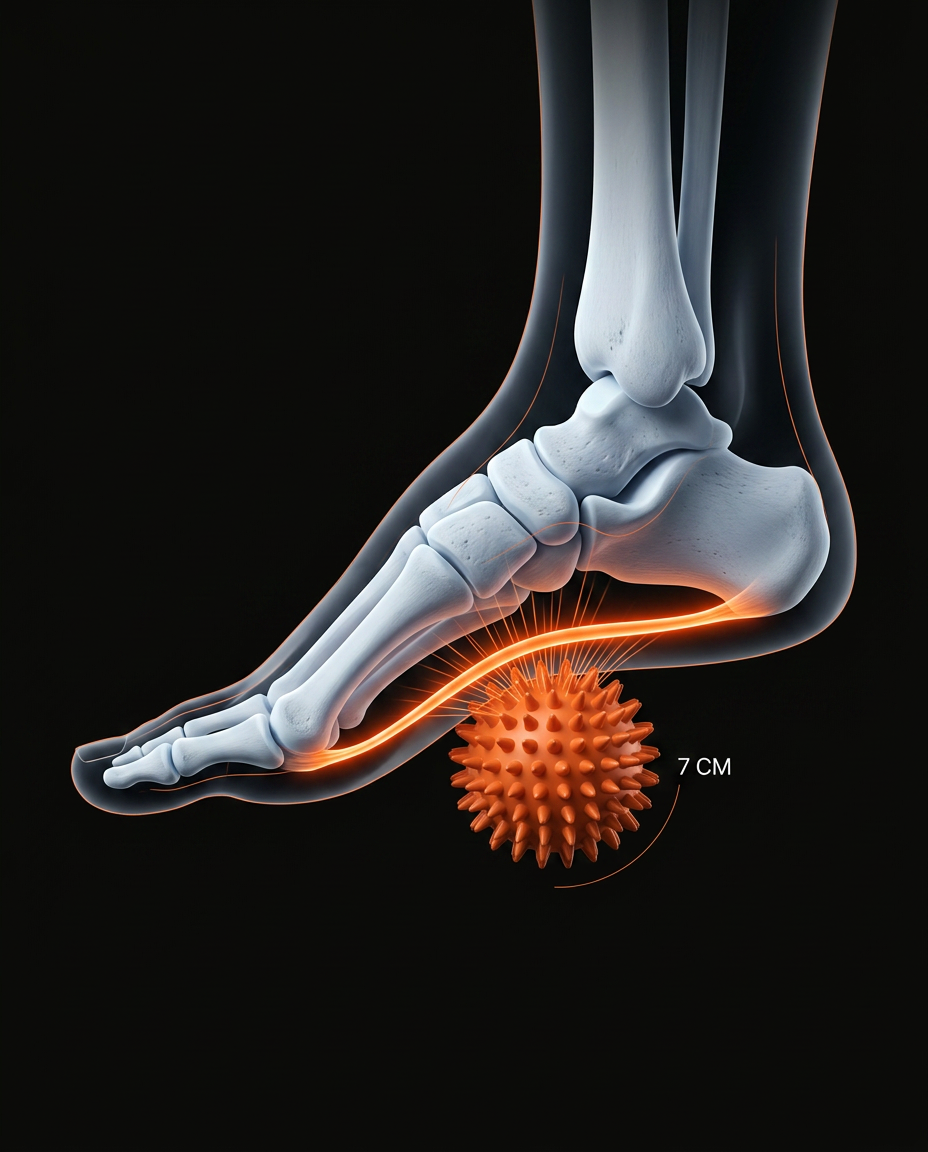 X-ray-style diagram of a foot rolling the spiky ball to release plantar fascia