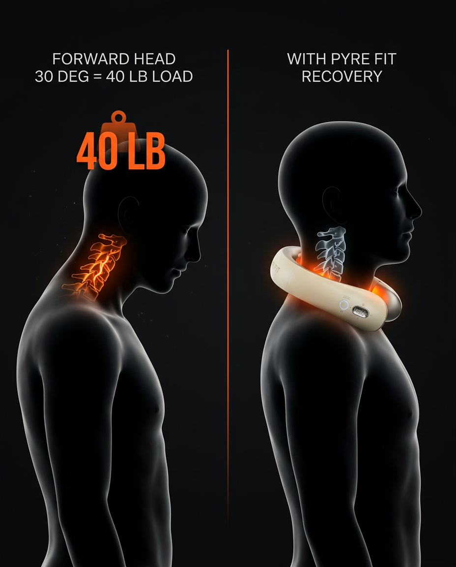 Posture comparison diagram of forward head 40 lb load versus neck recovery