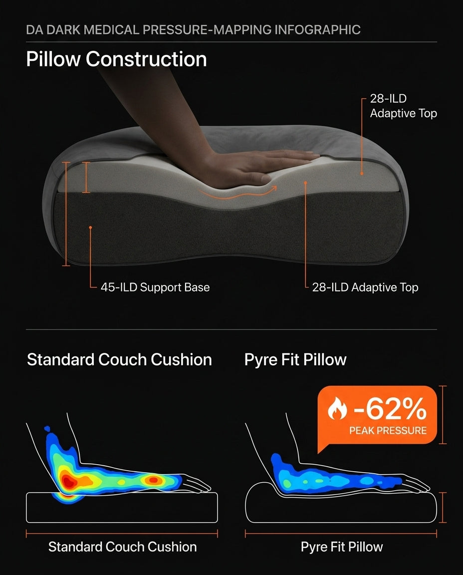 Pressure-map infographic showing pillow construction and 62 percent less peak pressure