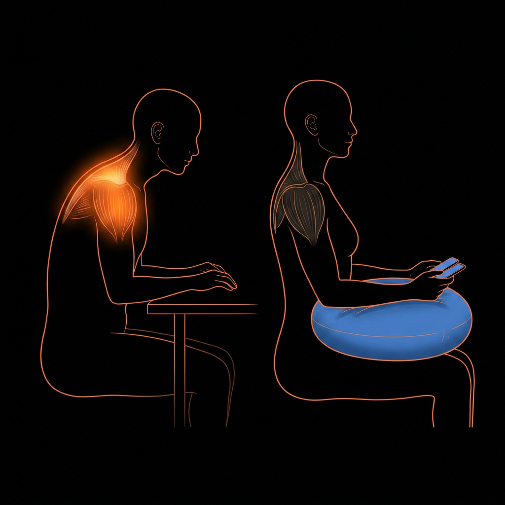 Diagram comparing slumped posture versus supported arms using the lap pillow